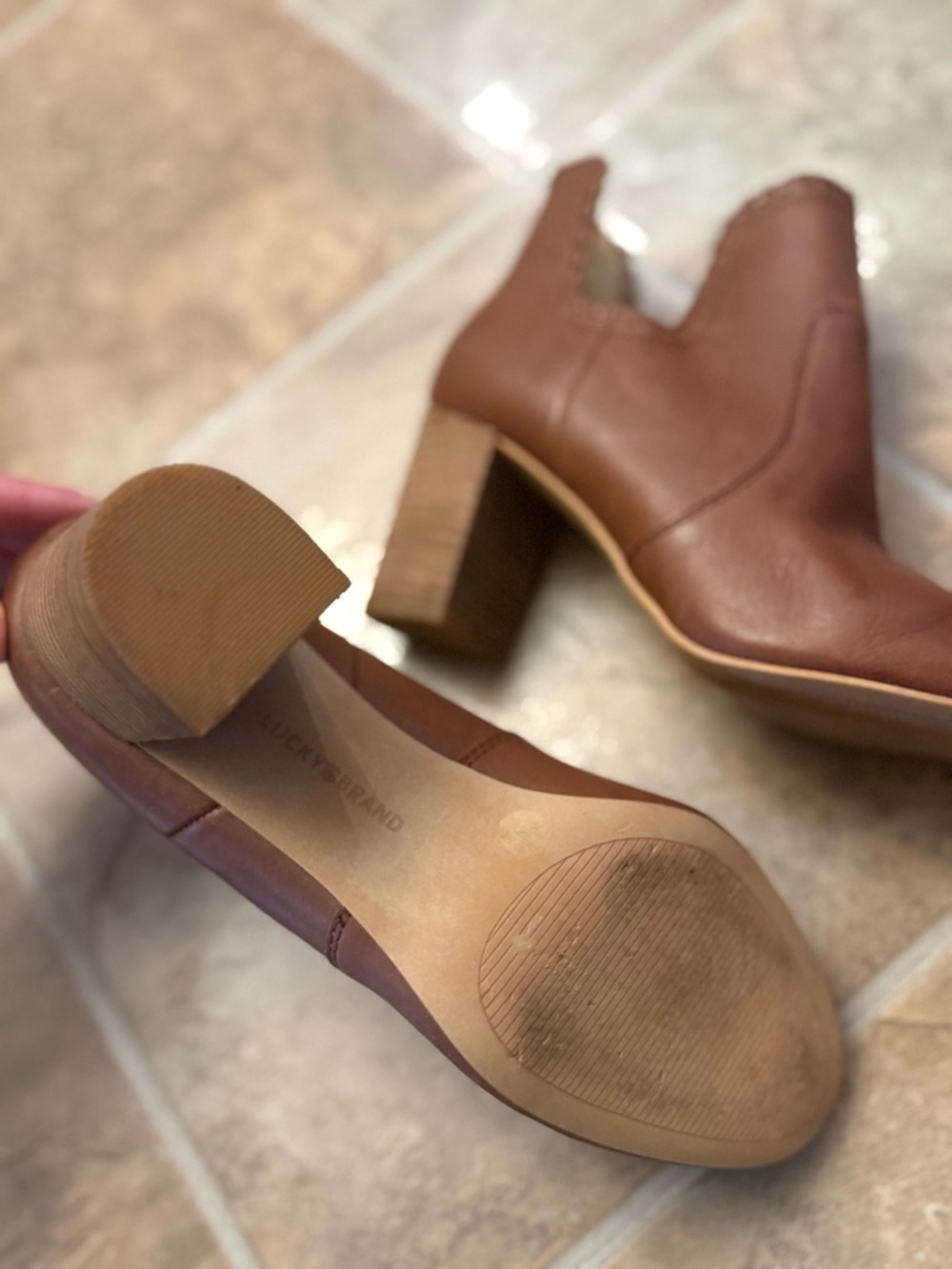 Lucky Brand Brown Leather Festival Booties Sz 8 Boho Ankle Boots Block Heel - Picture 3 of 4